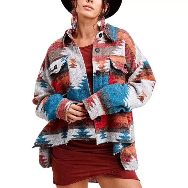 chouyatou Womens Tribal Aztec Pattern Button Down Trucker Shirt Jacket Shacket CoatOrange Blue