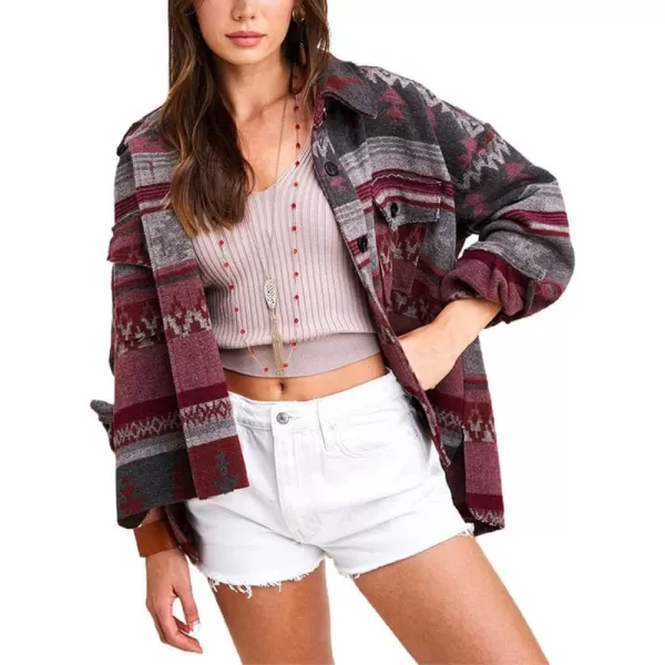 chouyatou Womens Tribal Aztec Pattern Button Down Trucker Shirt Jacket Shacket CoatPink