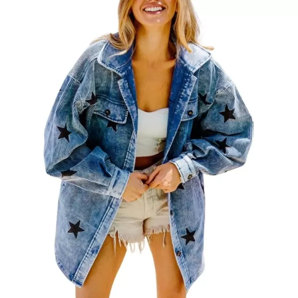 chouyatou Womens Vintage Button Down Corduroy Jacket Cute Star Print Casual Loose Jacket Shacket with PocketsBlue