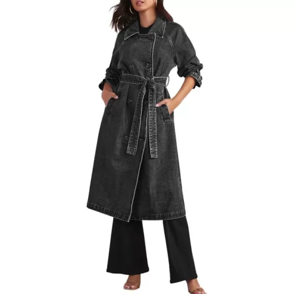 chouyatou Womens Vintage Midi Long Jean Jacket Loose Fit Double Breasted Denim Jacket Trench Coat with BeltBlack