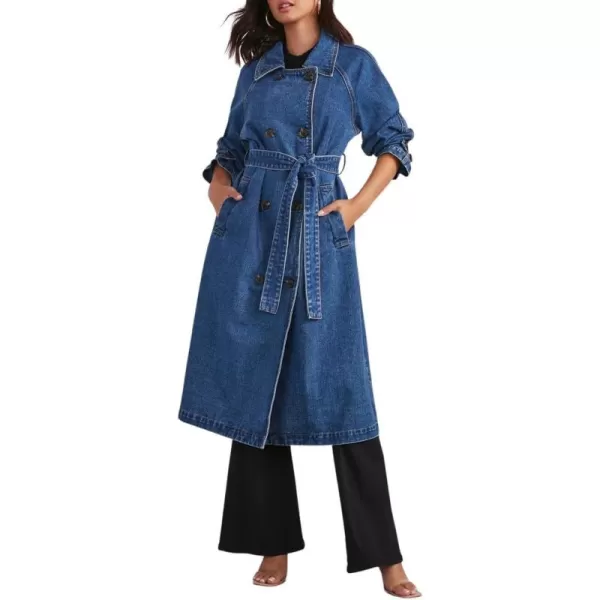 chouyatou Womens Vintage Midi Long Jean Jacket Loose Fit Double Breasted Denim Jacket Trench Coat with BeltDenim Blue