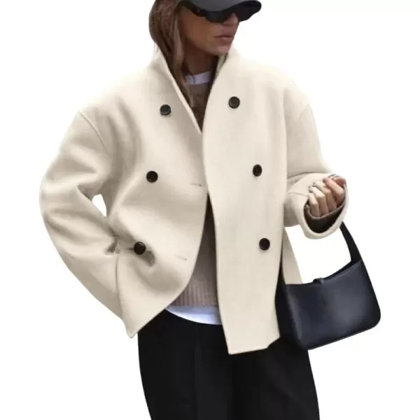 chouyatou Womens Winter Double Breasted Wool Blazer Jacket Business Casual Short Wool Pea CoatBeige