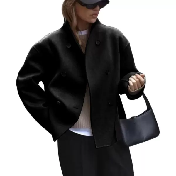 chouyatou Womens Winter Double Breasted Wool Blazer Jacket Business Casual Short Wool Pea CoatBlack