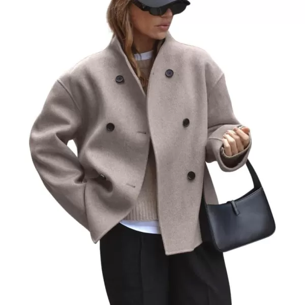 chouyatou Womens Winter Double Breasted Wool Blazer Jacket Business Casual Short Wool Pea CoatKhaki