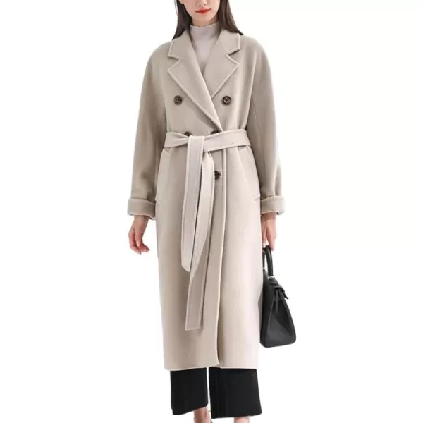 chouyatou Womens Winter Double Breasted Wool Coat Business Casual Midi Long Winter Trench Coat with BeltBeige