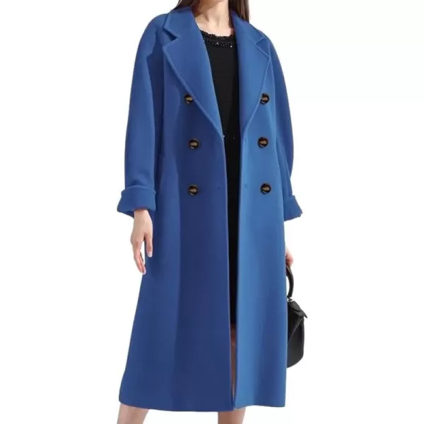 chouyatou Womens Winter Double Breasted Wool Coat Business Casual Midi Long Winter Trench Coat with BeltBlue