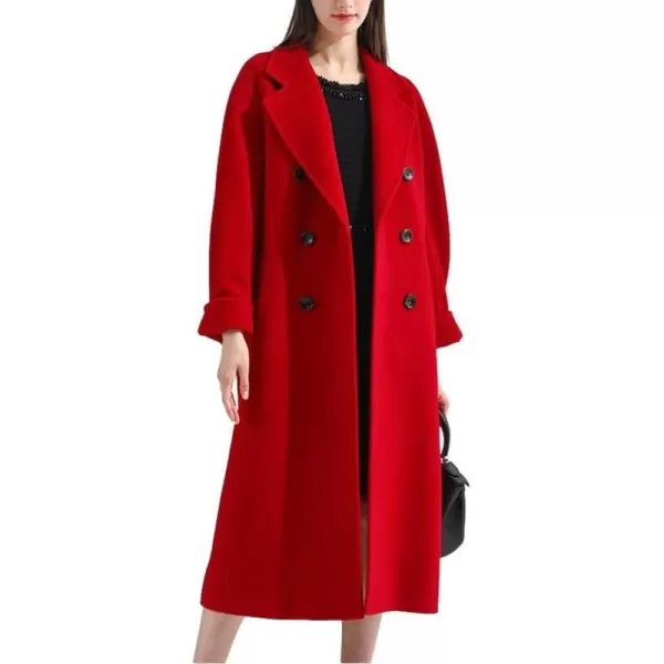 chouyatou Womens Winter Double Breasted Wool Coat Business Casual Midi Long Winter Trench Coat with BeltRed