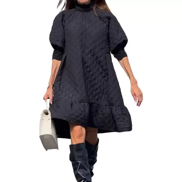 chouyatou Womens Winter Puff Sleeve Quilted Babydoll Dress Flounce Hem Midi Padded Quilted DressBlack