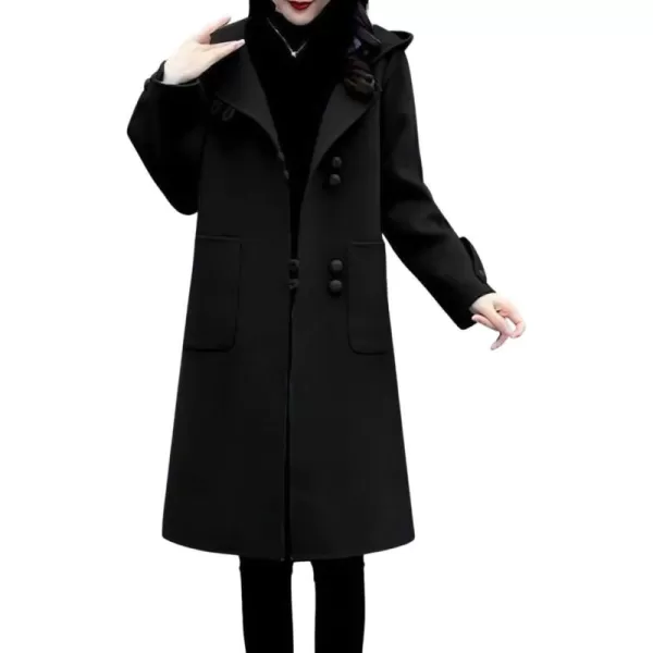 chouyatou Womens Winter Single Breasted Hooded Wool Coat Wool Blend Long Trench Pea CoatBlack