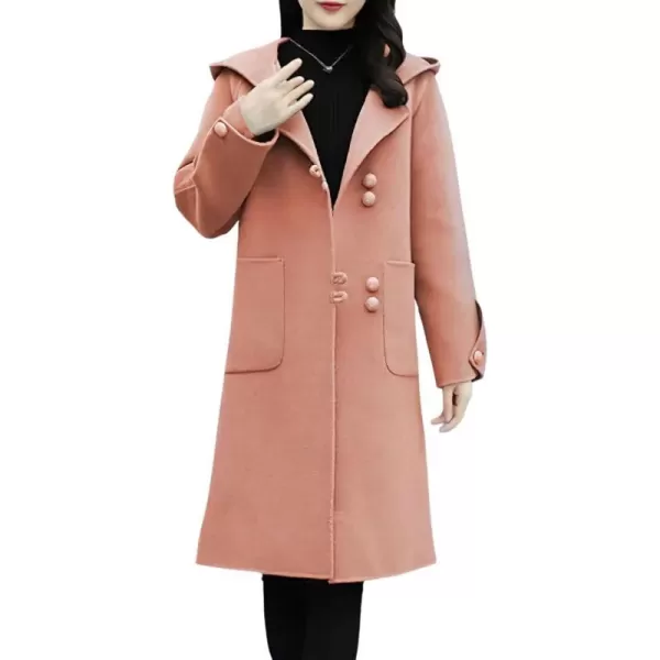 chouyatou Womens Winter Single Breasted Hooded Wool Coat Wool Blend Long Trench Pea CoatPink