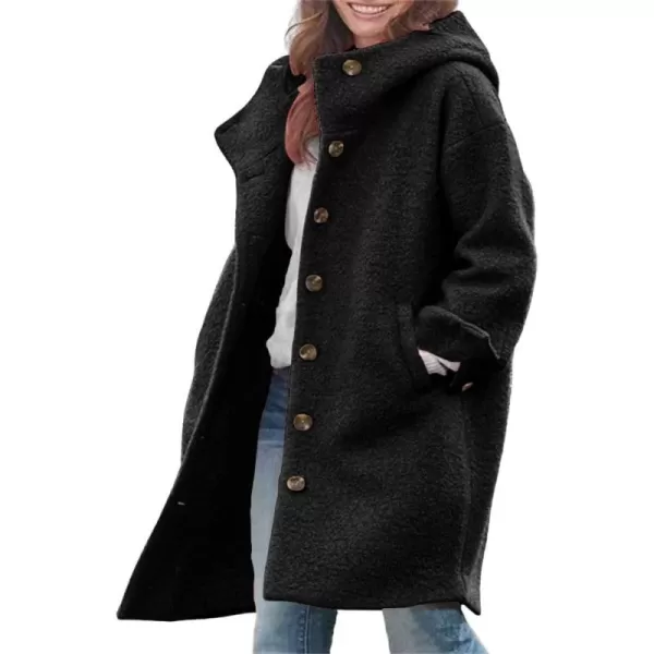 chouyatou Womens Winter Single Breasted Long Wool Coat with Hood Casual Wool Blend Trench Coat JacketBlack