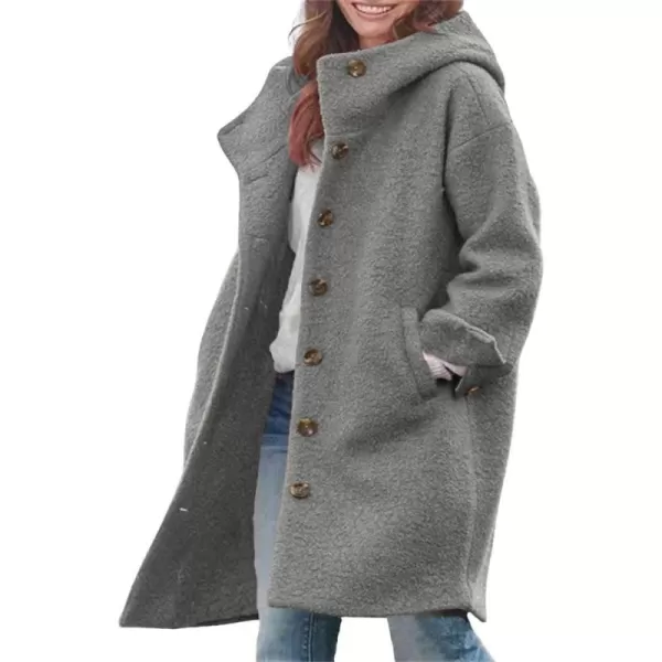 chouyatou Womens Winter Single Breasted Long Wool Coat with Hood Casual Wool Blend Trench Coat JacketGray