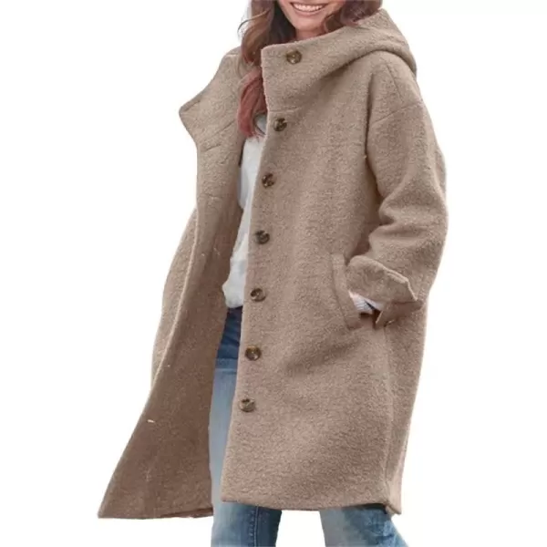 chouyatou Womens Winter Single Breasted Long Wool Coat with Hood Casual Wool Blend Trench Coat JacketKhaki