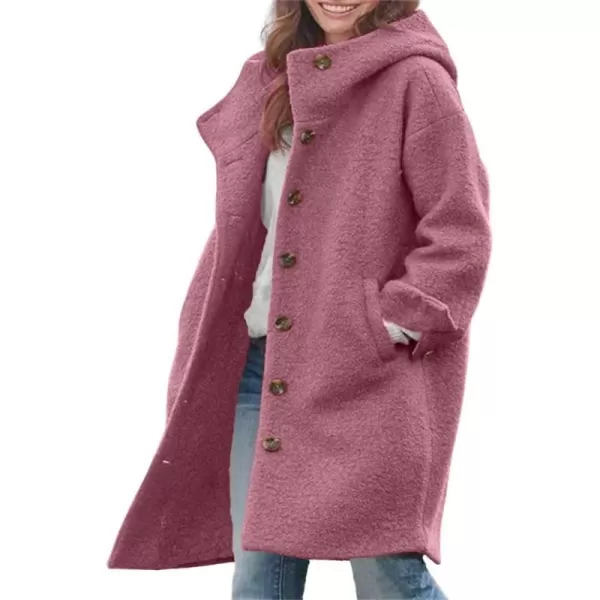 chouyatou Womens Winter Single Breasted Long Wool Coat with Hood Casual Wool Blend Trench Coat JacketRose Red