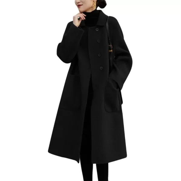 chouyatou Womens Winter Wool Coat Single Breasted Business Casual Midi Long Winter Trench CoatBlack