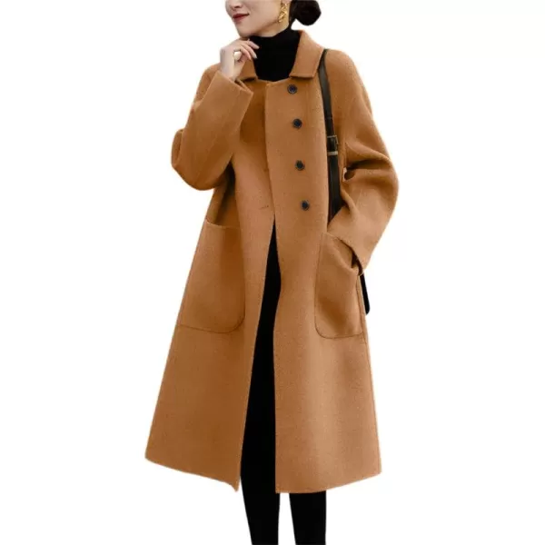 chouyatou Womens Winter Wool Coat Single Breasted Business Casual Midi Long Winter Trench CoatCamel