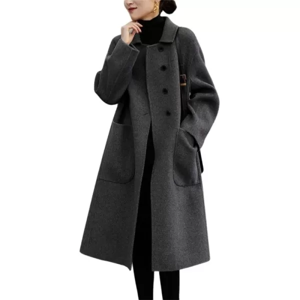 chouyatou Womens Winter Wool Coat Single Breasted Business Casual Midi Long Winter Trench CoatGrey