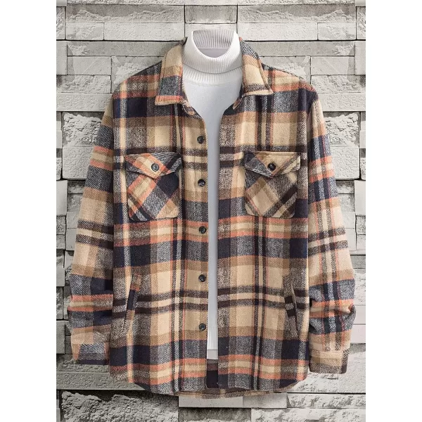 chouyatou Mens Casual Plaid Button Down Long Sleeve Flannel Shirt Jacket Shacket TopDark Brown