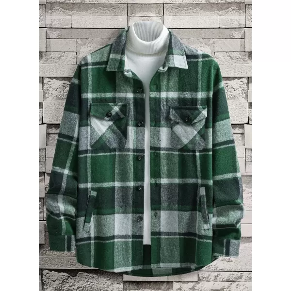 chouyatou Mens Casual Plaid Button Down Long Sleeve Flannel Shirt Jacket Shacket TopGreen