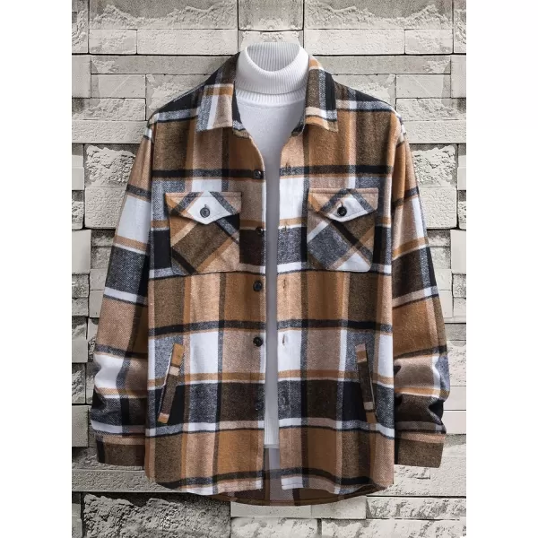 chouyatou Mens Casual Plaid Button Down Long Sleeve Flannel Shirt Jacket Shacket TopKhaki