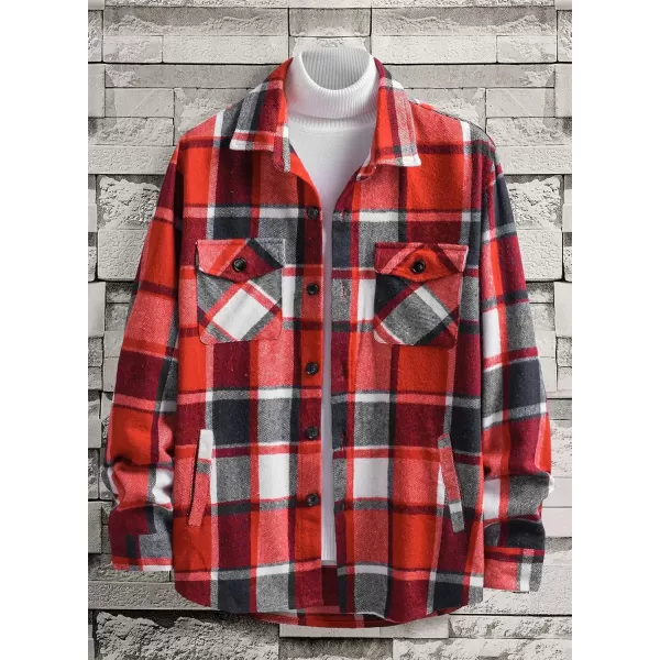 chouyatou Mens Casual Plaid Button Down Long Sleeve Flannel Shirt Jacket Shacket TopRed White