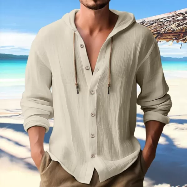 chouyatou Mens Hooded Cotton Linen Button Down Shirt Blouses Long Sleeve Beach Vacation Top ShirtsApricot