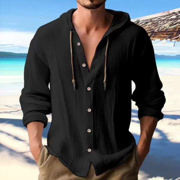 chouyatou Mens Hooded Cotton Linen Button Down Shirt Blouses Long Sleeve Beach Vacation Top ShirtsBlack