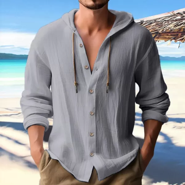 chouyatou Mens Hooded Cotton Linen Button Down Shirt Blouses Long Sleeve Beach Vacation Top ShirtsGray