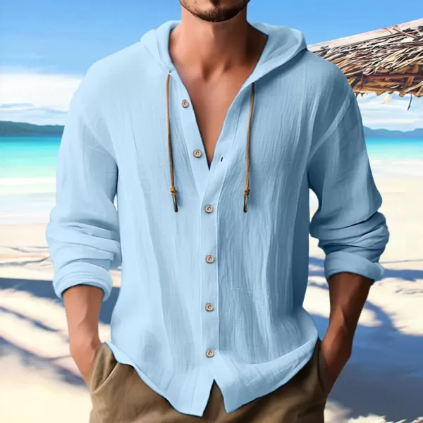chouyatou Mens Hooded Cotton Linen Button Down Shirt Blouses Long Sleeve Beach Vacation Top ShirtsSky Blue