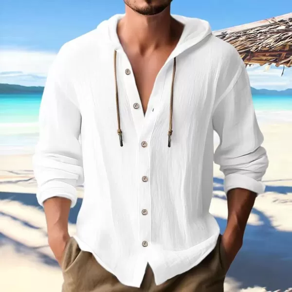 chouyatou Mens Hooded Cotton Linen Button Down Shirt Blouses Long Sleeve Beach Vacation Top ShirtsWhite