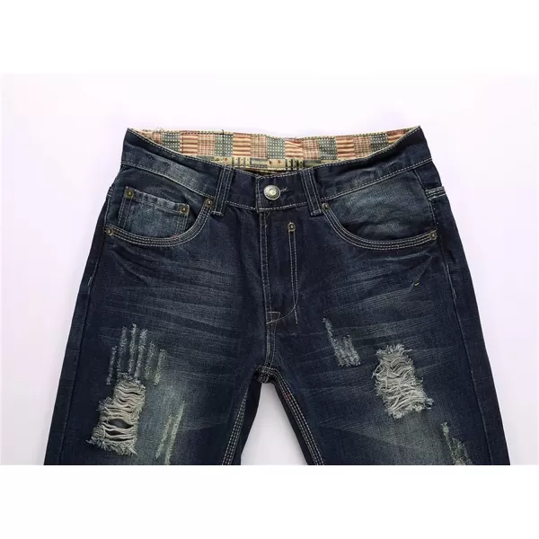 chouyatou Mens Retro Washed Casual Frayed Ripped Holes Straight Leg Denim PantsBlue