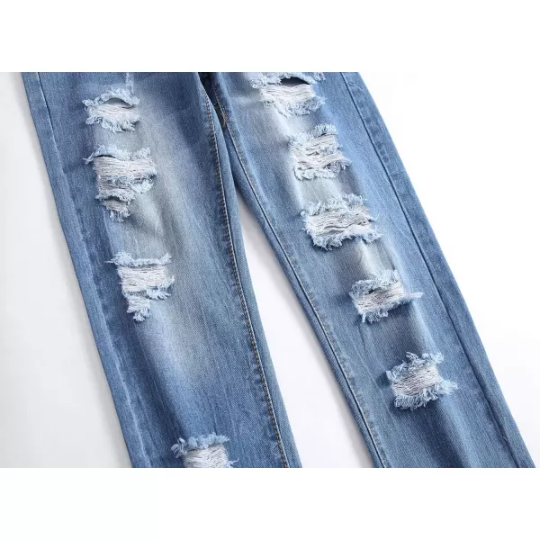 chouyatou Mens Retro Washed Casual Frayed Ripped Holes Straight Leg Denim PantsLight Blue