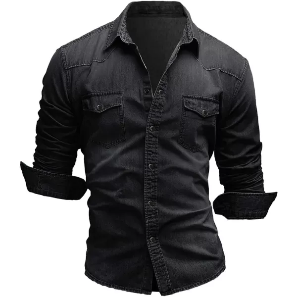 chouyatou Mens Western Long Sleeve Button Down Comfort Distressed Denim ShirtsBlack