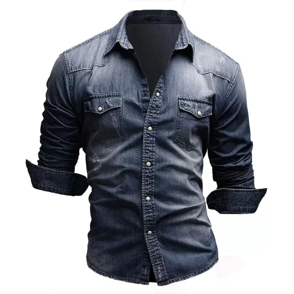 chouyatou Mens Western Long Sleeve Button Down Comfort Distressed Denim ShirtsDark Blue