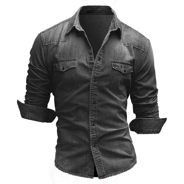 chouyatou Mens Western Long Sleeve Button Down Comfort Distressed Denim ShirtsGrey