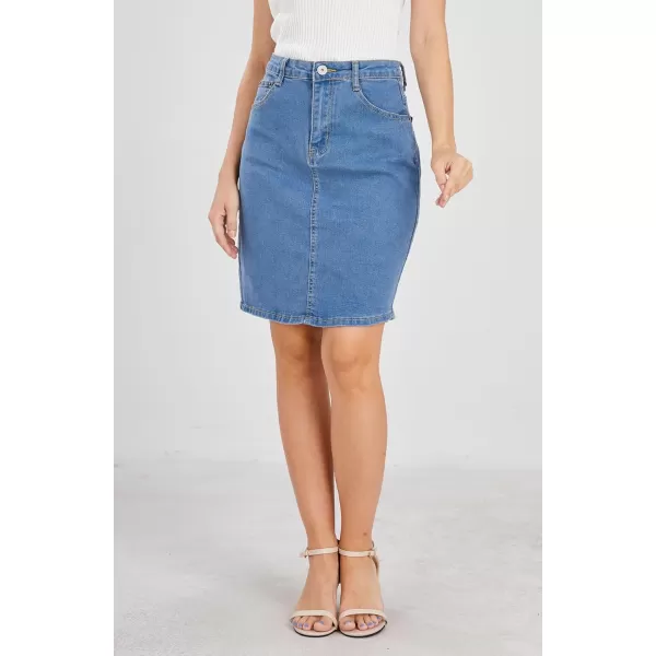 chouyatou Womens Basic FivePocket Rugged Wear Denim Pencil Skirt with SlitLight Blue