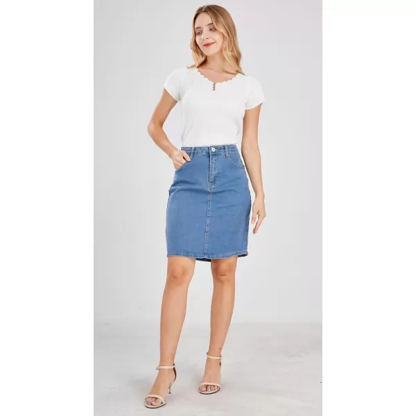 chouyatou Womens Basic FivePocket Rugged Wear Denim Pencil Skirt with SlitLight Blue