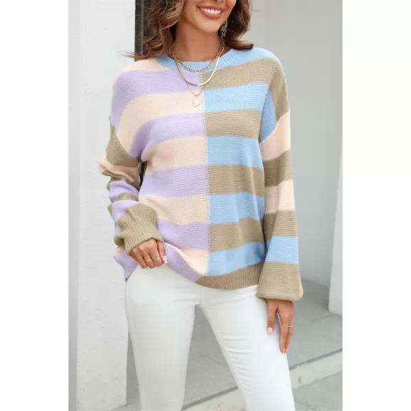 chouyatou Womens Casual Crew Neck Color Block Striped Patchwork Knitted Pullover Sweater TopsApricot Khaki