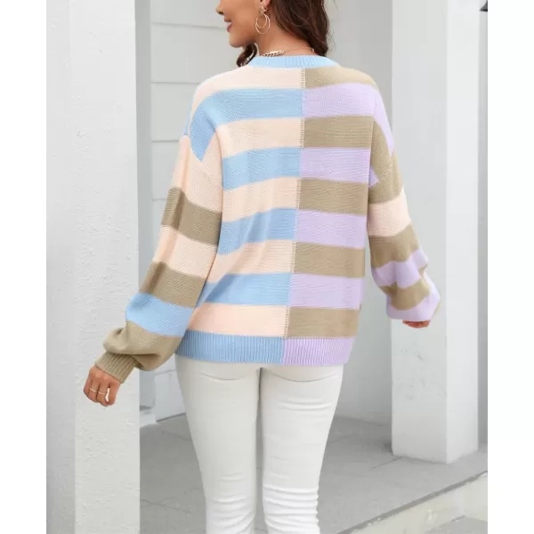 chouyatou Womens Casual Crew Neck Color Block Striped Patchwork Knitted Pullover Sweater TopsApricot Khaki