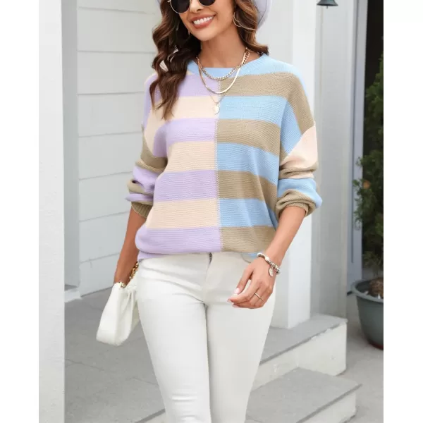 chouyatou Womens Casual Crew Neck Color Block Striped Patchwork Knitted Pullover Sweater TopsApricot Khaki