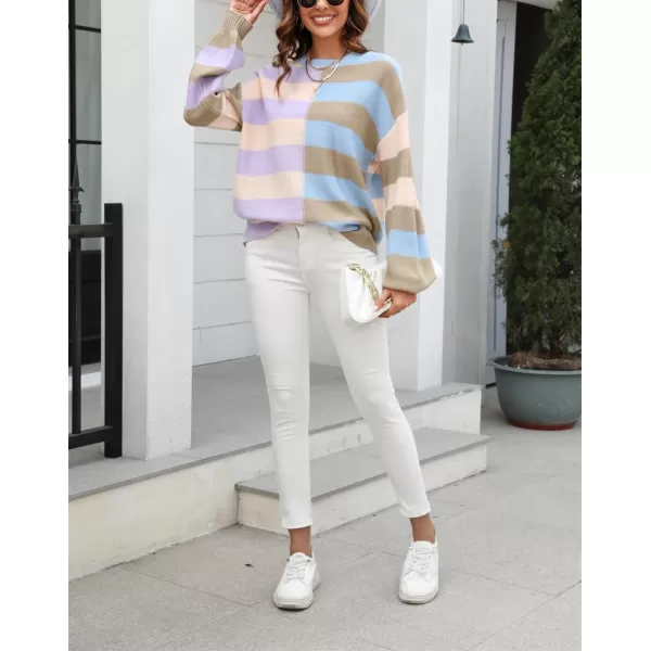 chouyatou Womens Casual Crew Neck Color Block Striped Patchwork Knitted Pullover Sweater TopsApricot Khaki