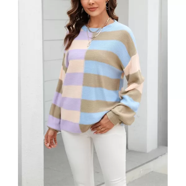 chouyatou Womens Casual Crew Neck Color Block Striped Patchwork Knitted Pullover Sweater TopsApricot Khaki