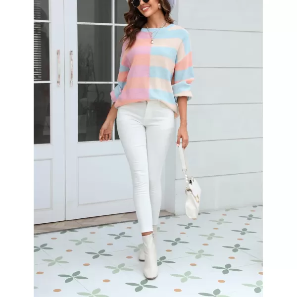 chouyatou Womens Casual Crew Neck Color Block Striped Patchwork Knitted Pullover Sweater TopsBlue Pink