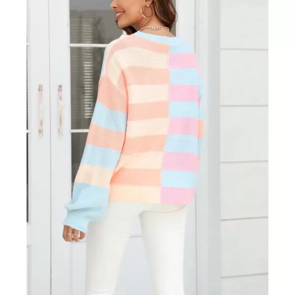 chouyatou Womens Casual Crew Neck Color Block Striped Patchwork Knitted Pullover Sweater TopsBlue Pink