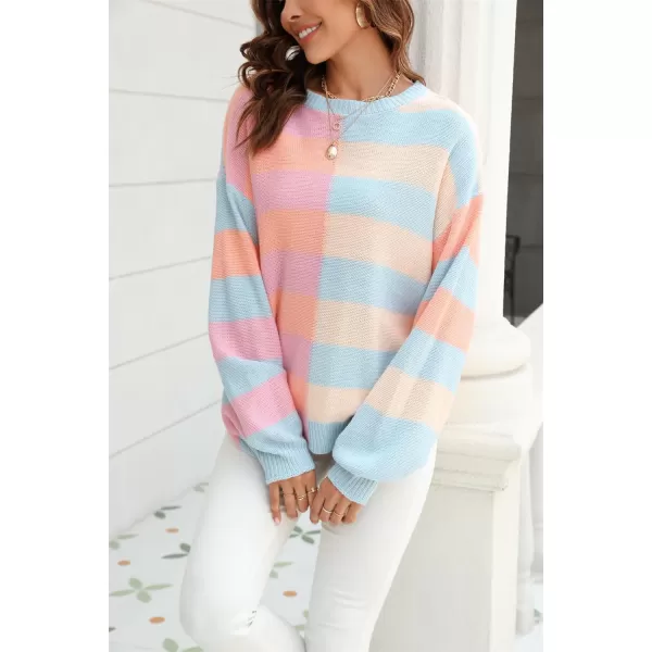 chouyatou Womens Casual Crew Neck Color Block Striped Patchwork Knitted Pullover Sweater TopsBlue Pink