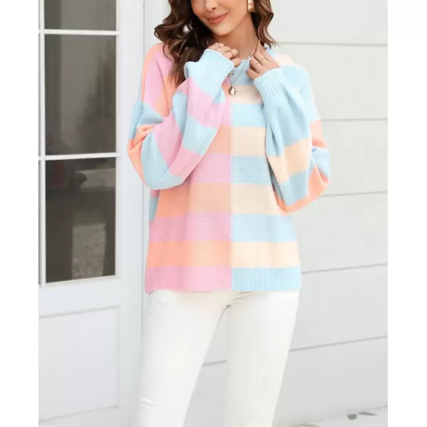 chouyatou Womens Casual Crew Neck Color Block Striped Patchwork Knitted Pullover Sweater TopsBlue Pink