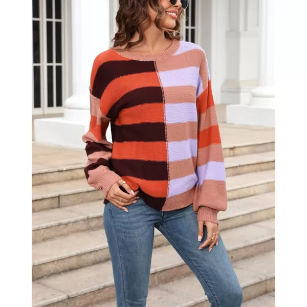 chouyatou Womens Casual Crew Neck Color Block Striped Patchwork Knitted Pullover Sweater TopsOrange Purple
