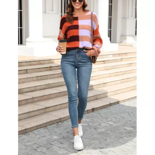 chouyatou Womens Casual Crew Neck Color Block Striped Patchwork Knitted Pullover Sweater TopsOrange Purple