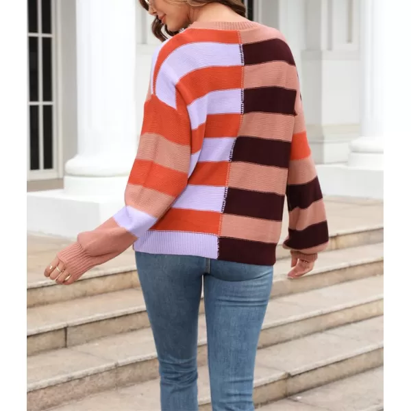 chouyatou Womens Casual Crew Neck Color Block Striped Patchwork Knitted Pullover Sweater TopsOrange Purple