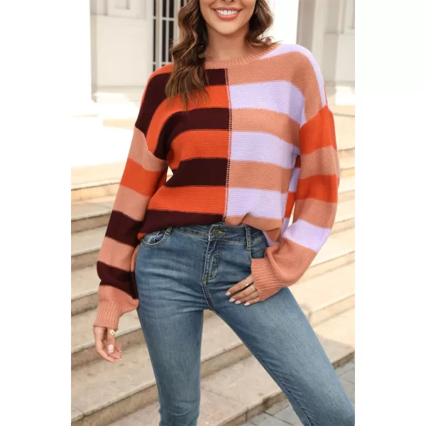 chouyatou Womens Casual Crew Neck Color Block Striped Patchwork Knitted Pullover Sweater TopsOrange Purple